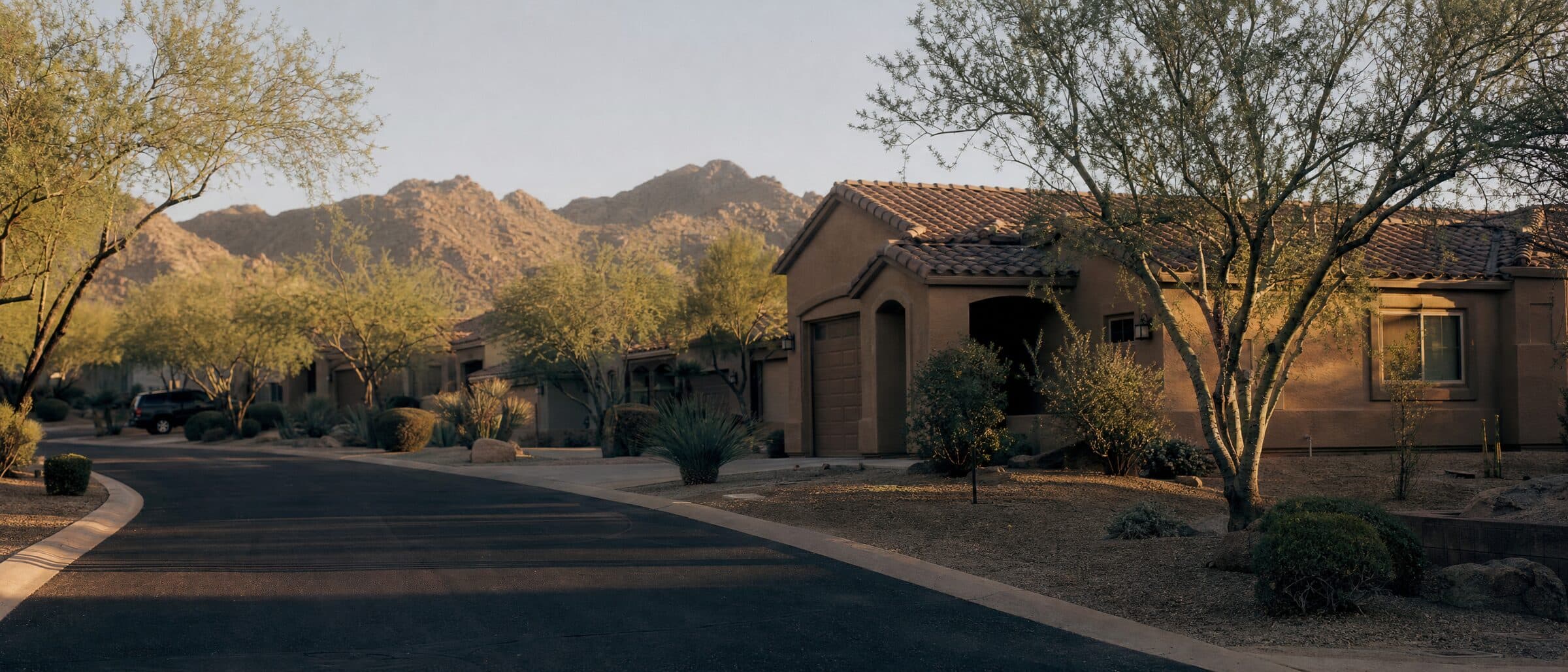 A curving desert neighborhood street with stucco homes and mountains behind them