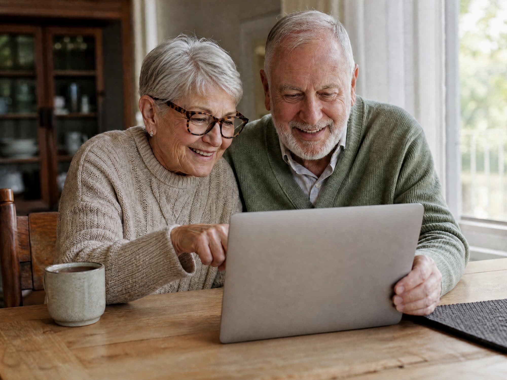 An older couple at their kitchen table smiling at an open laptop in warm daylight