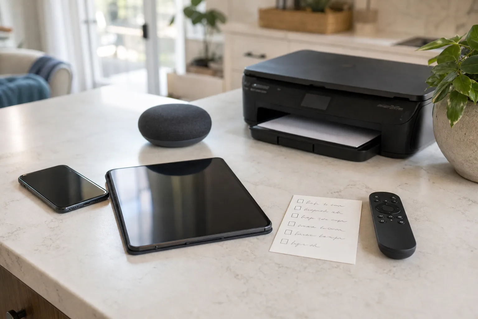 Smartphone, tablet, smart speaker, TV remote, and a wireless printer on a kitchen counter beside a handwritten device checklist