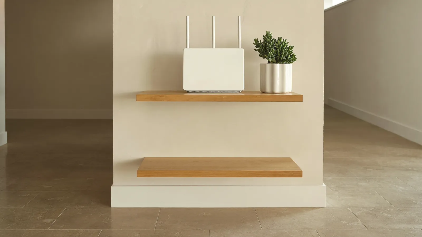 Router on an open shelf in a central spot of the home, away from walls and appliances